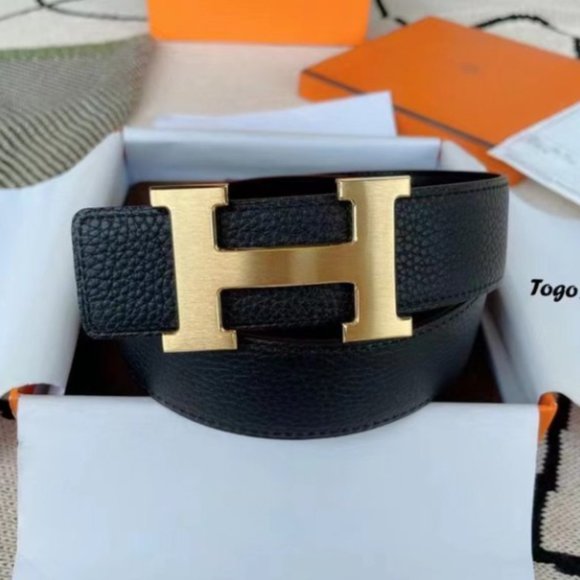 H Logo Orange Black Belt Gold Buckle 105cm